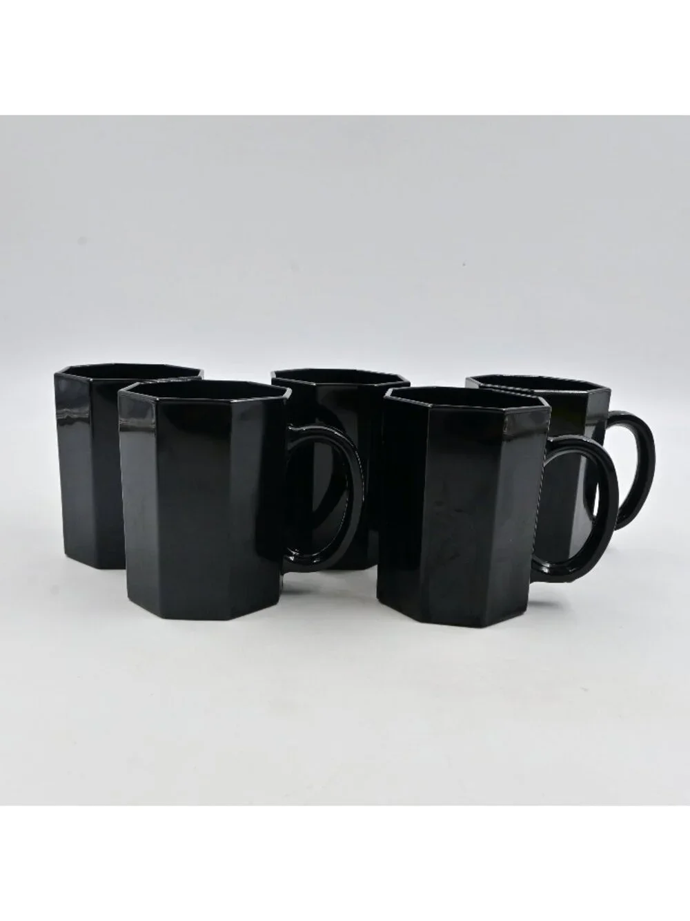 Arcoroc France Octime Black Glass Octagon Coffee Mug Set Of 5 Vintage